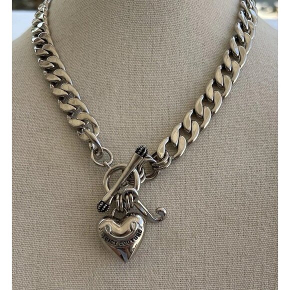 Juicy Couture Logo Heart J Charms Silver Tone Chain Link Toggle Necklace 17” - Picture 11 of 16